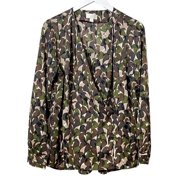 Belle by Kim Gravel Top Size Medium Olive Camo Print Blouse Long Sleeve Crossove - Picture 4 of 10